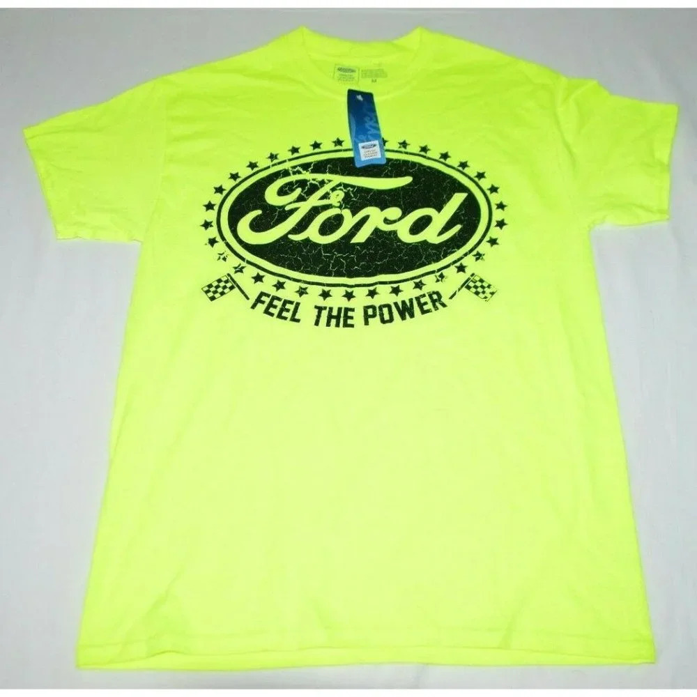 Ford "Feel the Power" Neon Yellow Black Letter T-Shirt Mens M Official Brand NWT